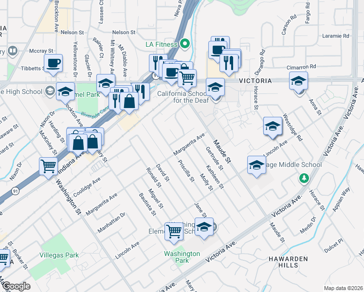 map of restaurants, bars, coffee shops, grocery stores, and more near 6590 Harley Street in Riverside