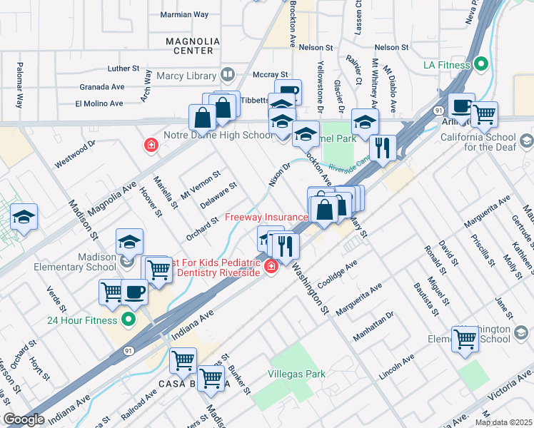map of restaurants, bars, coffee shops, grocery stores, and more near 3591 Washington Street in Riverside
