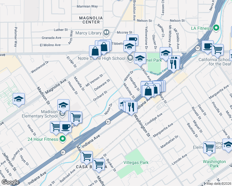 map of restaurants, bars, coffee shops, grocery stores, and more near 3591 Washington Street in Riverside