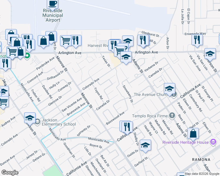map of restaurants, bars, coffee shops, grocery stores, and more near 8529 Brunswick Avenue in Riverside