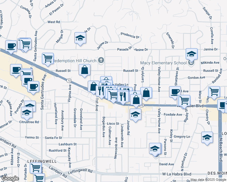 map of restaurants, bars, coffee shops, grocery stores, and more near 16302 Shady Valley Lane in Whittier