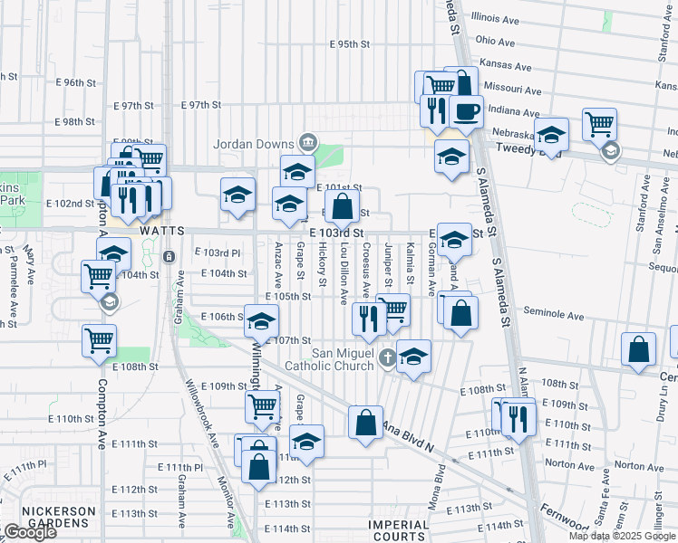 map of restaurants, bars, coffee shops, grocery stores, and more near 10336 Lou Dillon Avenue in Los Angeles