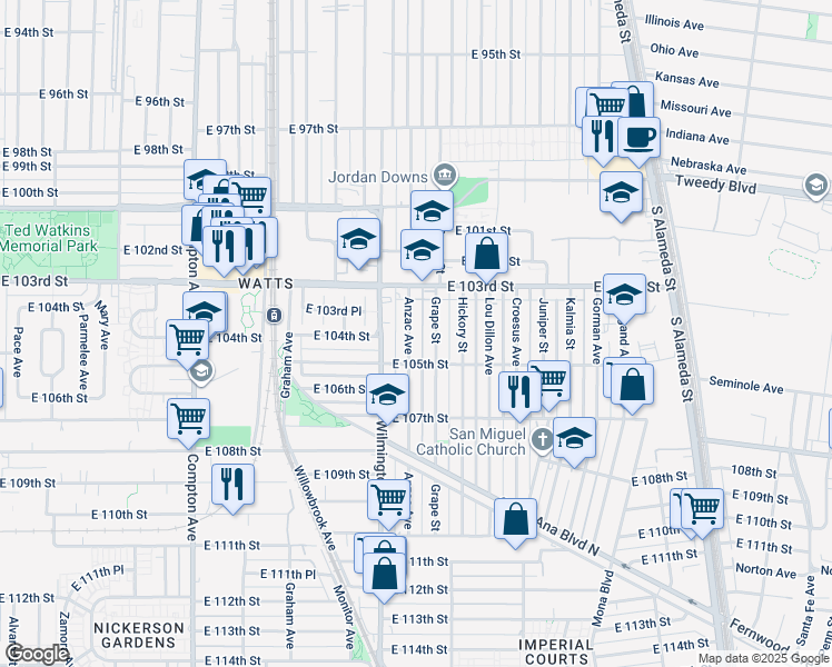 map of restaurants, bars, coffee shops, grocery stores, and more near 10342 Anzac Avenue in Los Angeles