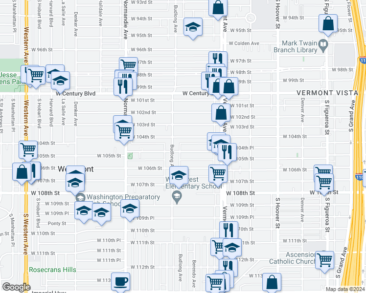 map of restaurants, bars, coffee shops, grocery stores, and more near 1160 West 104th Street in Los Angeles