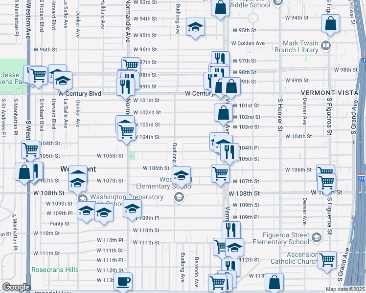 map of restaurants, bars, coffee shops, grocery stores, and more near 1160 West 104th Street in Los Angeles