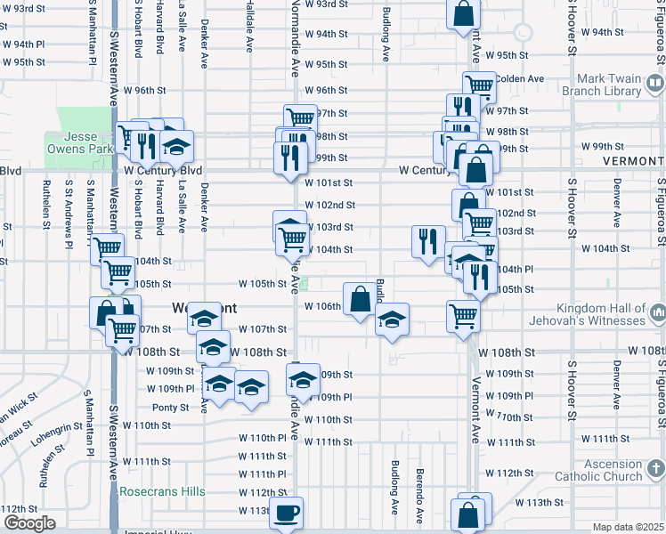 map of restaurants, bars, coffee shops, grocery stores, and more near 1318 West 104th Street in Los Angeles