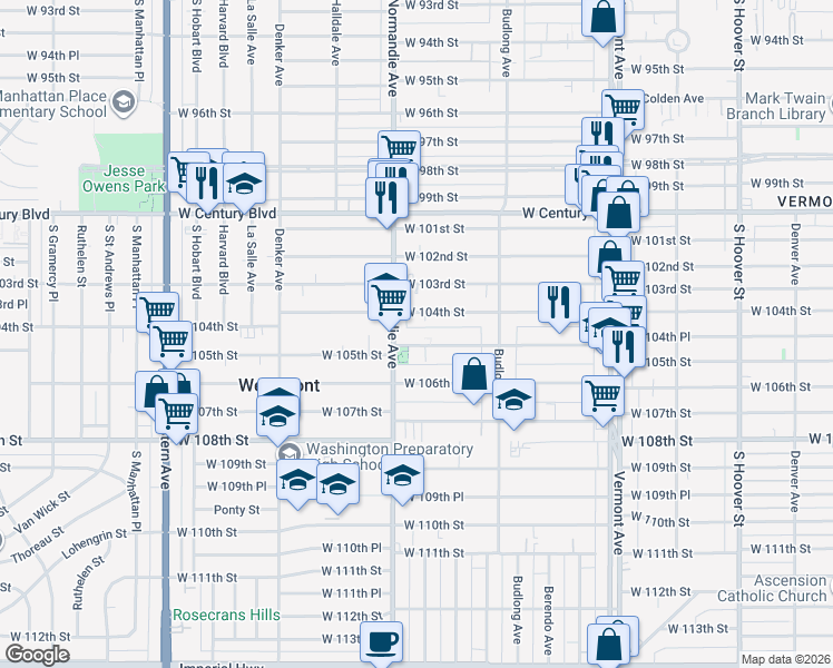 map of restaurants, bars, coffee shops, grocery stores, and more near 1318 West 104th Street in Los Angeles