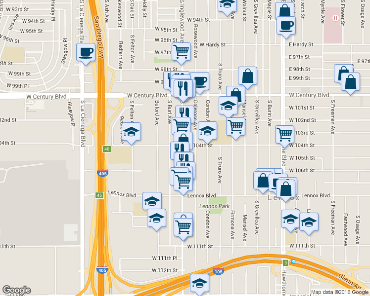 map of restaurants, bars, coffee shops, grocery stores, and more near 10333 Dalerose Avenue in Lennox