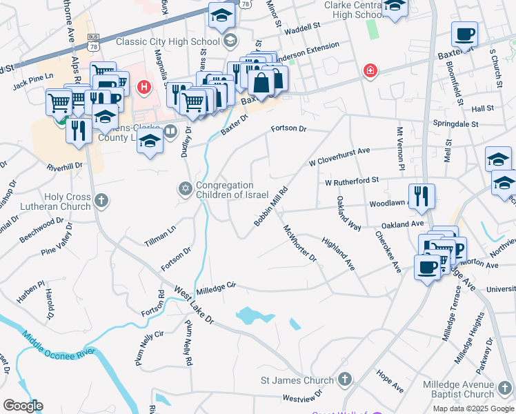 map of restaurants, bars, coffee shops, grocery stores, and more near 195 Fortson Circle in Athens