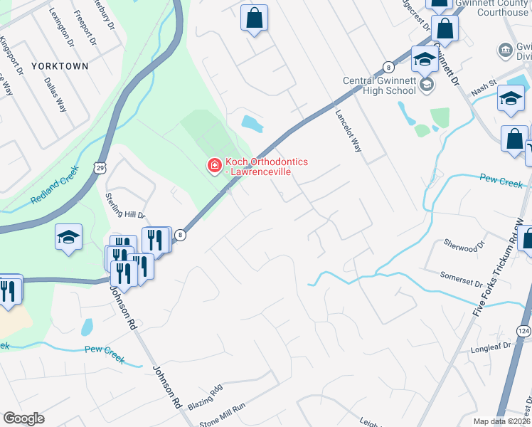 map of restaurants, bars, coffee shops, grocery stores, and more near 910 Camden Hill Court in Lawrenceville