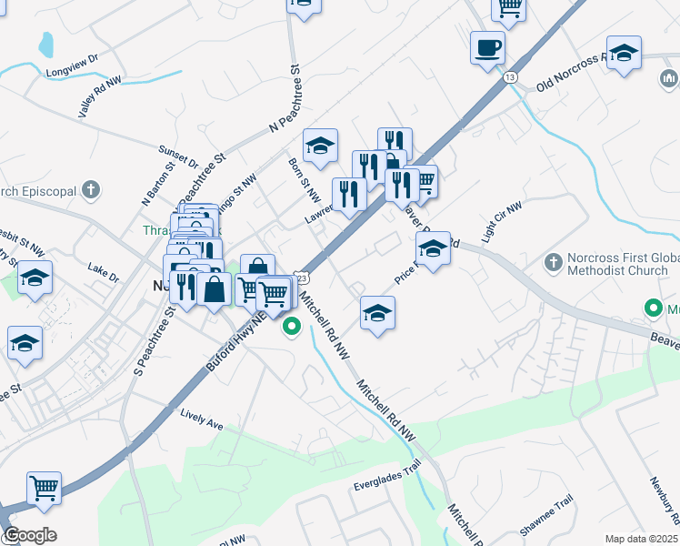 map of restaurants, bars, coffee shops, grocery stores, and more near 5658 Summerour Street in Norcross