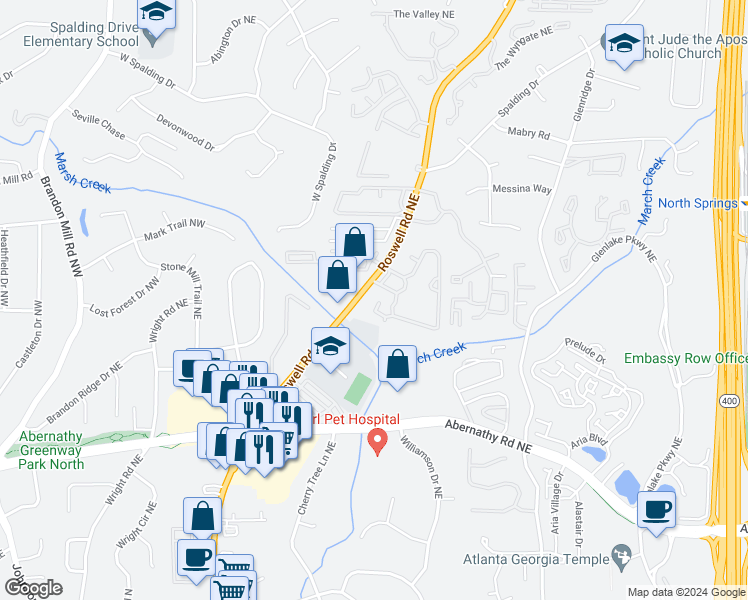 map of restaurants, bars, coffee shops, grocery stores, and more near 6851 Georgia 9 in Sandy Springs