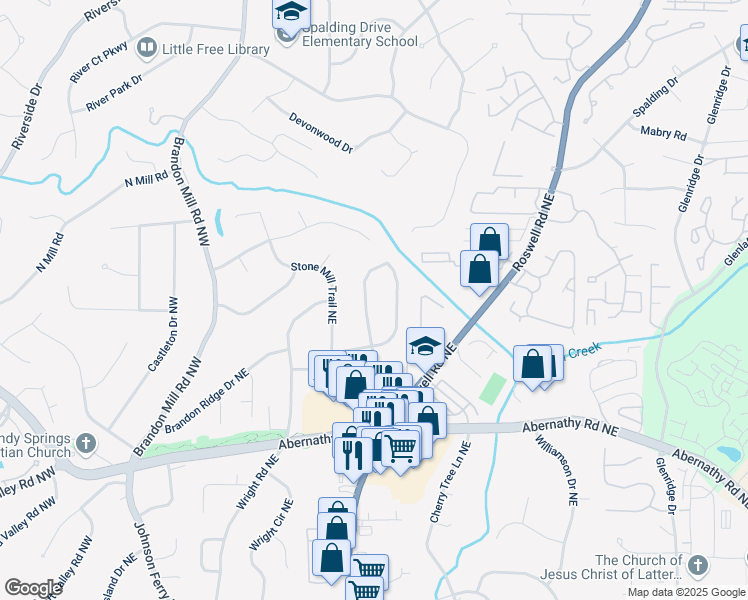 map of restaurants, bars, coffee shops, grocery stores, and more near 6835 Sunny Brook Lane Northeast in Atlanta