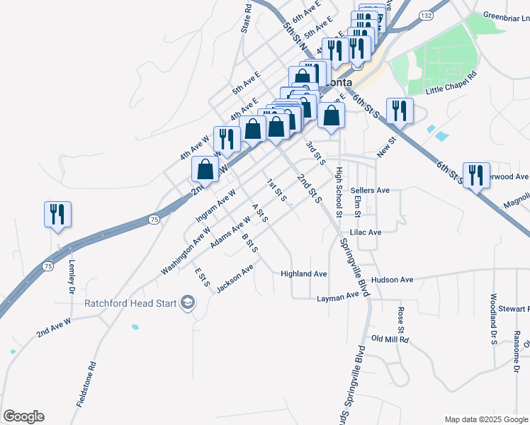 map of restaurants, bars, coffee shops, grocery stores, and more near 109 Adams Avenue West in Oneonta