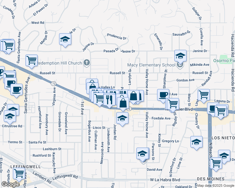 map of restaurants, bars, coffee shops, grocery stores, and more near 10506 Tigrina Avenue in Whittier