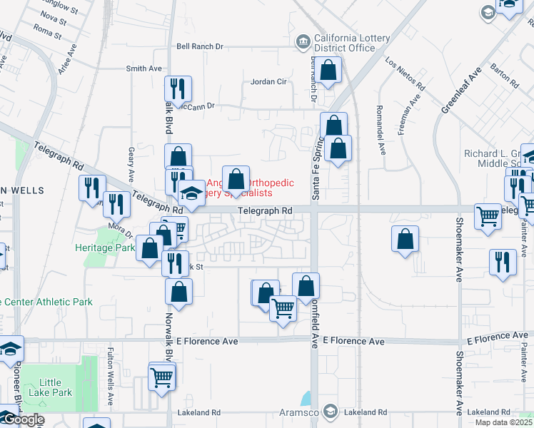 map of restaurants, bars, coffee shops, grocery stores, and more near 10404 Orchid Way in Santa Fe Springs