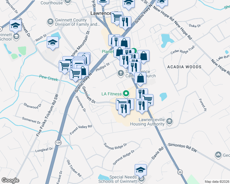 map of restaurants, bars, coffee shops, grocery stores, and more near 329 Georgia 20 in Lawrenceville