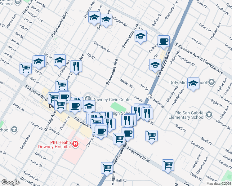 map of restaurants, bars, coffee shops, grocery stores, and more near 8538 6th Street in Downey