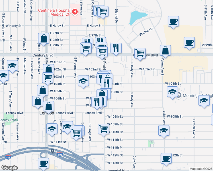map of restaurants, bars, coffee shops, grocery stores, and more near 10329 South Prairie Avenue in Inglewood