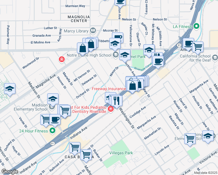 map of restaurants, bars, coffee shops, grocery stores, and more near 3591 Washington Street in Riverside