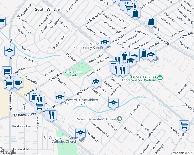 map of restaurants, bars, coffee shops, grocery stores, and more near 14026 Light Street in Whittier