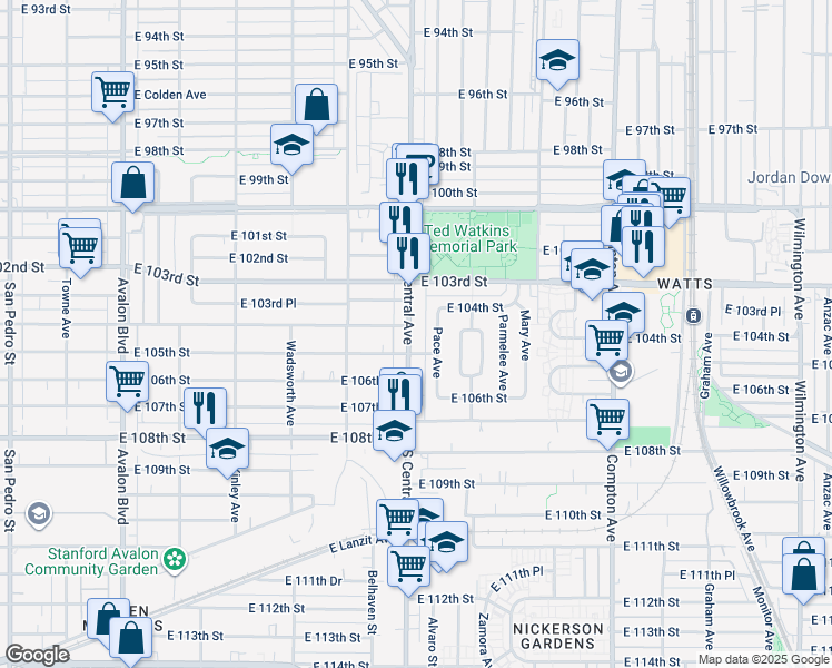 map of restaurants, bars, coffee shops, grocery stores, and more near 10424 South Central Avenue in Los Angeles