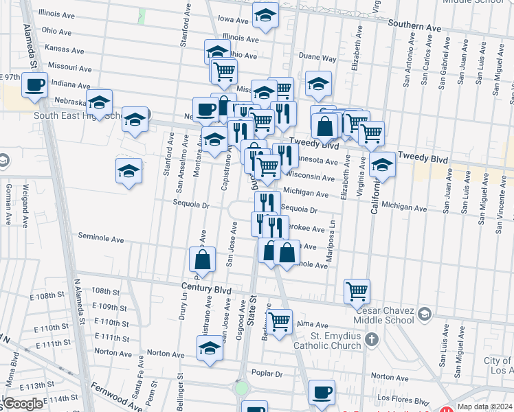 map of restaurants, bars, coffee shops, grocery stores, and more near 10303 Long Beach Boulevard in Lynwood