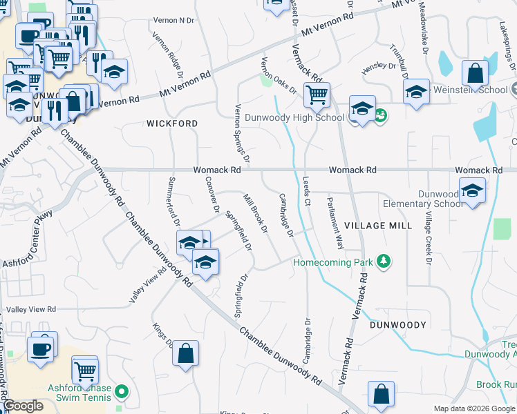 map of restaurants, bars, coffee shops, grocery stores, and more near 4915 Mill Brook Drive in Dunwoody