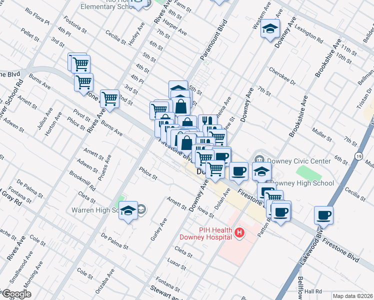 map of restaurants, bars, coffee shops, grocery stores, and more near 8141 Firestone Boulevard in Downey
