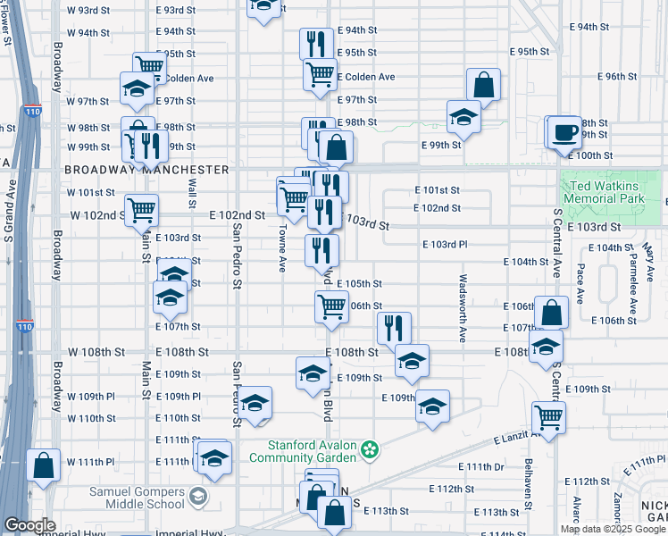 map of restaurants, bars, coffee shops, grocery stores, and more near 10406 South Avalon Boulevard in Los Angeles