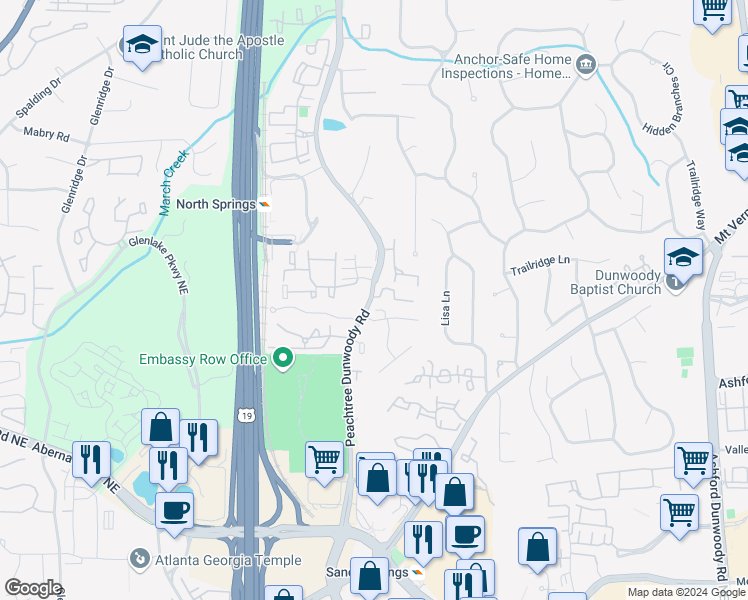 map of restaurants, bars, coffee shops, grocery stores, and more near 5849 Peachtree Dunwoody Road in Sandy Springs