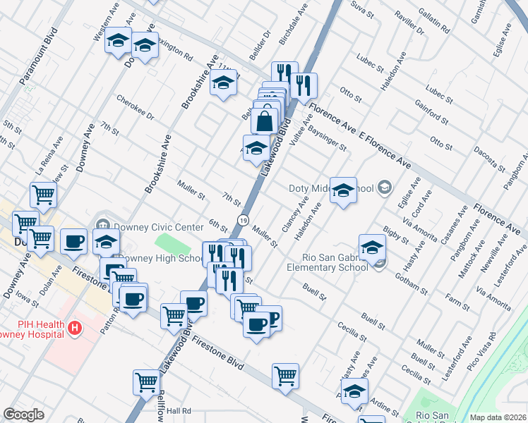 map of restaurants, bars, coffee shops, grocery stores, and more near 10516 Arrington Avenue in Downey