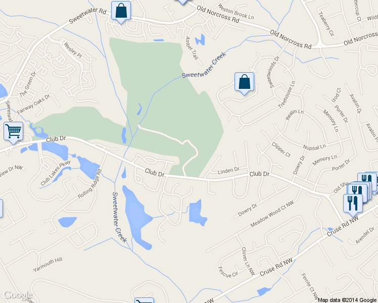 map of restaurants, bars, coffee shops, grocery stores, and more near 3157 Club Drive in Lawrenceville