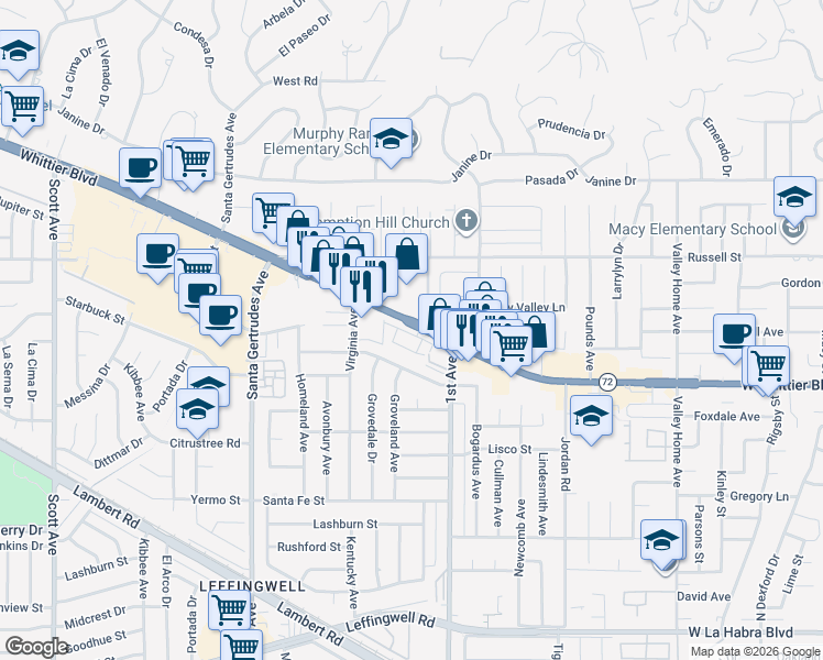 map of restaurants, bars, coffee shops, grocery stores, and more near 16089 Gables Loop in Whittier