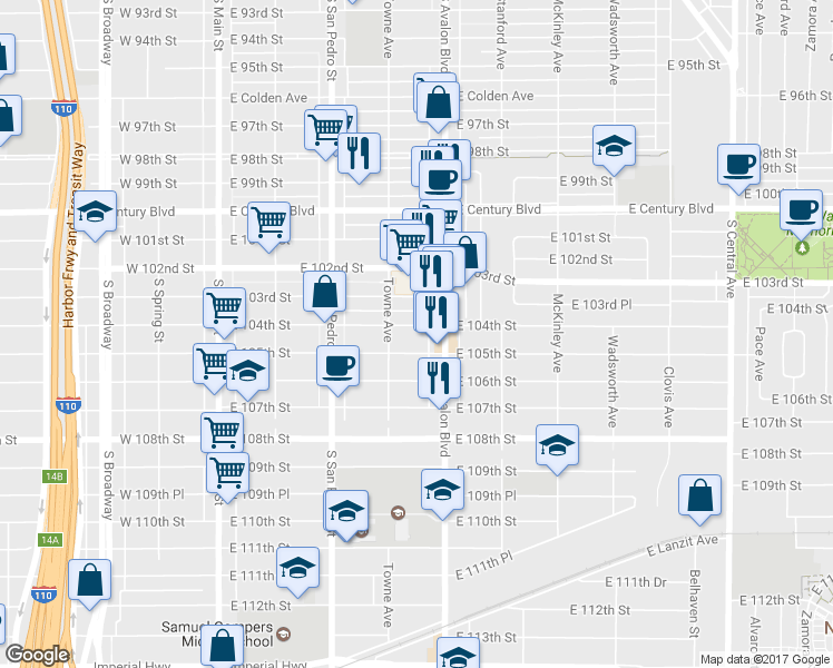 map of restaurants, bars, coffee shops, grocery stores, and more near 430 East 104th Street in Los Angeles