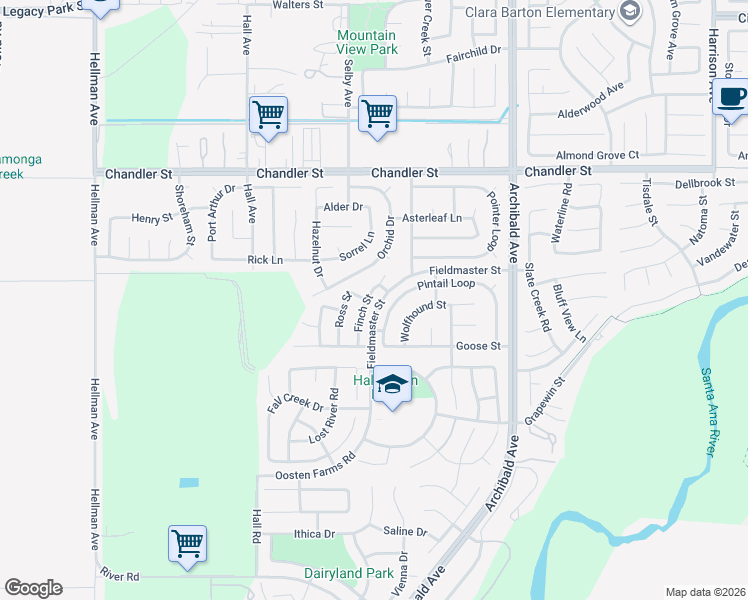 map of restaurants, bars, coffee shops, grocery stores, and more near 8084 Finch Street in Corona
