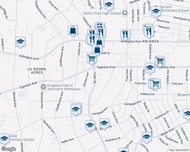 map of restaurants, bars, coffee shops, grocery stores, and more near 5954 Tyler Street in Riverside