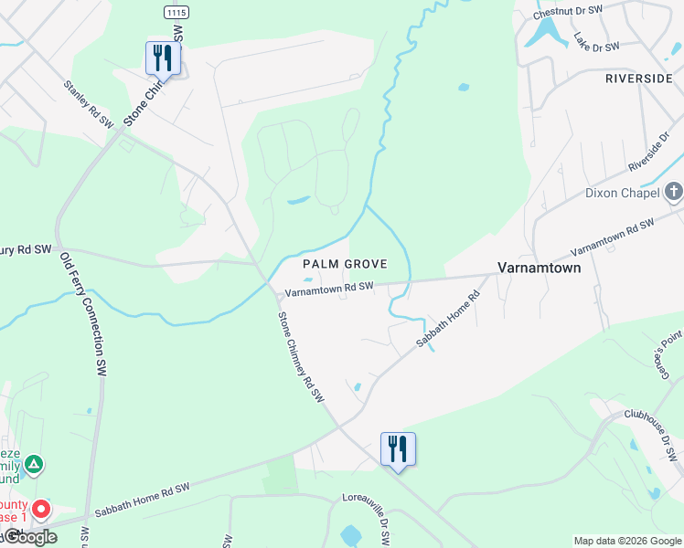 map of restaurants, bars, coffee shops, grocery stores, and more near Palm Grove in Varnamtown