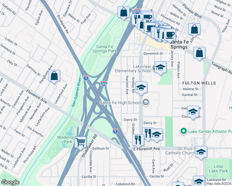 map of restaurants, bars, coffee shops, grocery stores, and more near 10325 Longworth Avenue in Santa Fe Springs