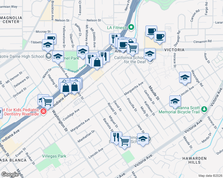 map of restaurants, bars, coffee shops, grocery stores, and more near 3180 Jane Street in Riverside