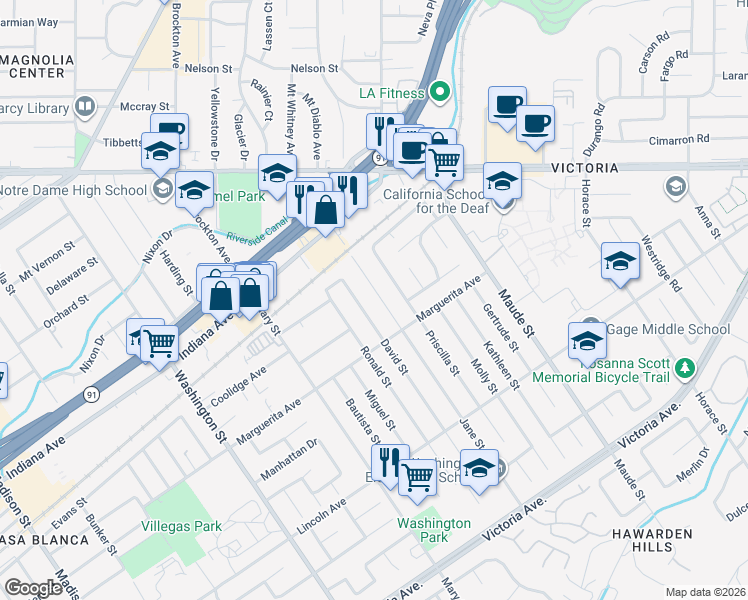 map of restaurants, bars, coffee shops, grocery stores, and more near 3210 Jane Street in Riverside