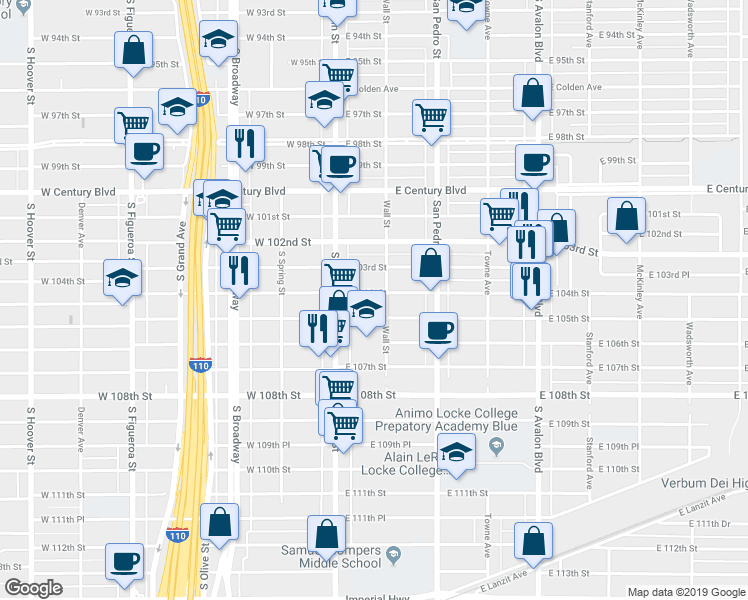 map of restaurants, bars, coffee shops, grocery stores, and more near 146 East 104th Street in Los Angeles