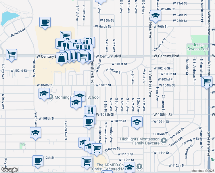 map of restaurants, bars, coffee shops, grocery stores, and more near 10252 South 8th Avenue in Inglewood