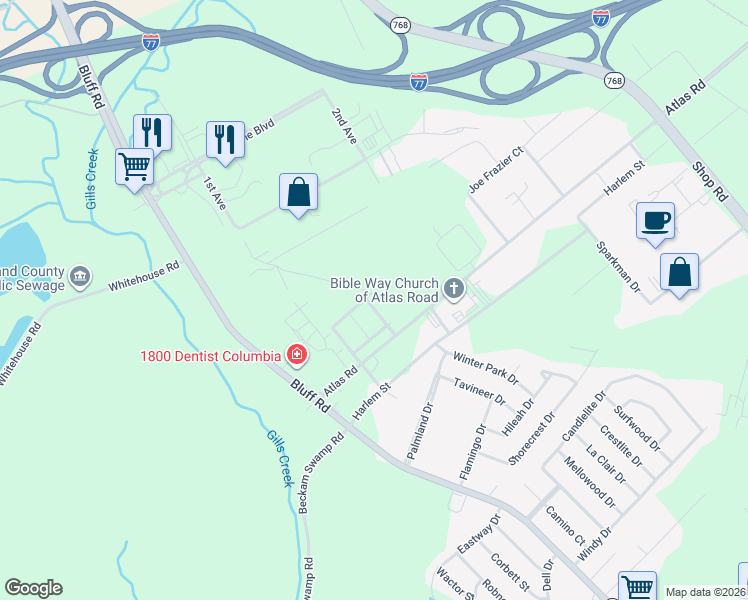 map of restaurants, bars, coffee shops, grocery stores, and more near 1034 Congaree Pointe Drive in Columbia