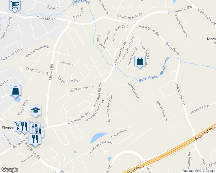 map of restaurants, bars, coffee shops, grocery stores, and more near 1807 Shaker Falls Lane in Lawrenceville
