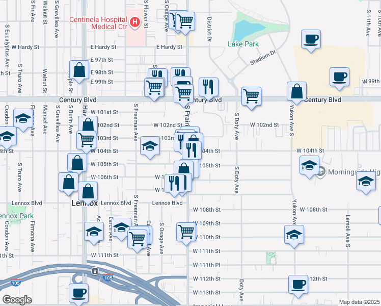 map of restaurants, bars, coffee shops, grocery stores, and more near 10329 South Prairie Avenue in Inglewood