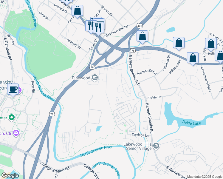 map of restaurants, bars, coffee shops, grocery stores, and more near 263 Bailey Street in Athens