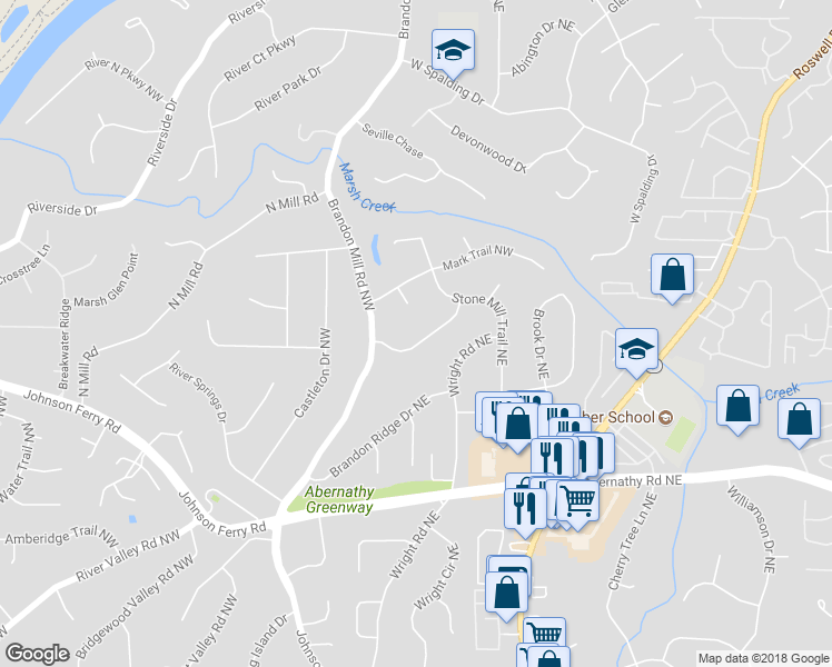 map of restaurants, bars, coffee shops, grocery stores, and more near 960 Lost Forest Drive Northwest in Atlanta