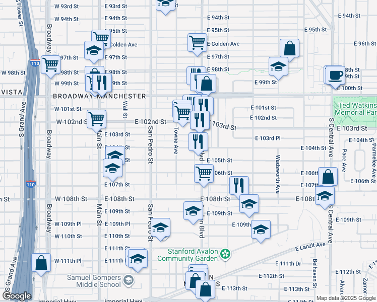 map of restaurants, bars, coffee shops, grocery stores, and more near 430 East 104th Street in Los Angeles