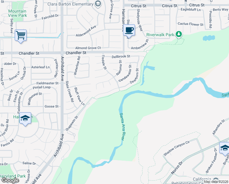 map of restaurants, bars, coffee shops, grocery stores, and more near 13879 Dearborn Street in Corona